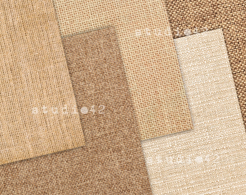 Puede incluir: Primer plano de cuatro tipos diferentes de tejido tejido beige y marr&oacute;n. El tejido tiene una textura rugosa y est&aacute; hecho de fibras naturales.