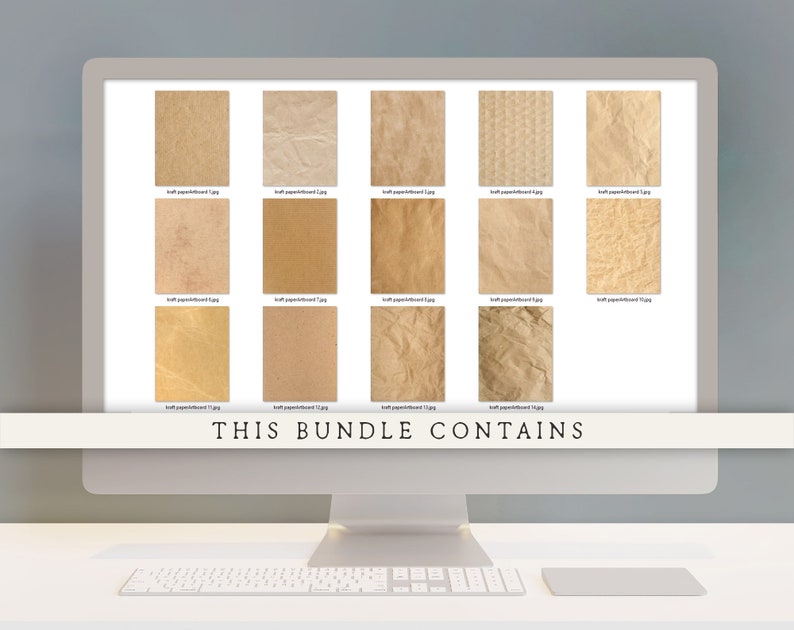 May include: A computer screen displaying a collection of 18 brown paper textures. The text "THIS BUNDLE CONTAINS" is displayed at the bottom of the screen.