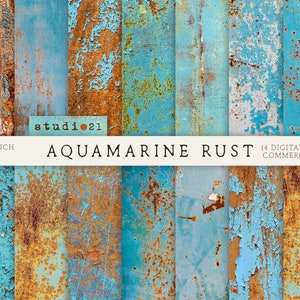 Peut inclure: 14 papiers numériques avec un motif rouillé, bleu aqua et orange. Les papiers mesurent 12 x 12 pouces et 300 DPI. Le texte "Aquamarine Rust" est au centre de l'image.