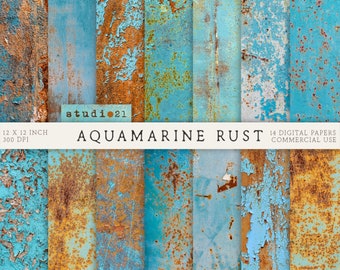 Aquamarine Rust digital paper, Rust digital background, Rust Printable Paper Pack, Turquoise Rust Paper Pack,