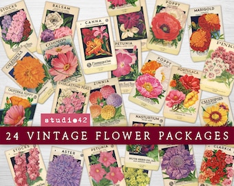 Vintage Garden Seed Packs Ephemera, Flower Seeds Packs Printables, Seeds Digital Collage Sheets, Vintage Flower Seed Packets Printable