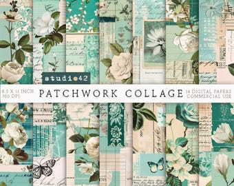 Teal Antique Collage Papers, Floral Ledger Junk Journal Pages, Flowers Antique Ephemera, Vintage floral pages, Collage Journal Sheets