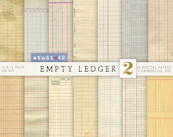 May include: A set of 14 digital papers featuring various grid patterns in shades of yellow, beige, and green. The papers are designed for use in a ledger or journal and are 12 inches by 12 inches at 300 DPI. The text "EMPTY LEDGER 2" is displayed on the image.
