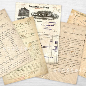 May include: A collection of vintage documents with handwritten text in French and English. The documents include invoices, receipts, and letters. The paper is aged and yellowed, with some tears and creases. The documents are on a wooden surface.
