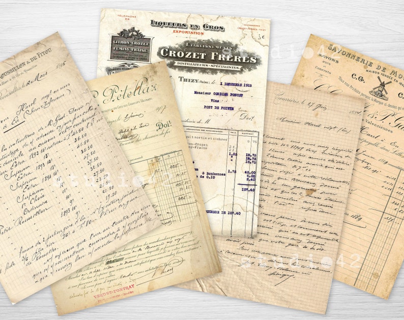 May include: A collection of vintage documents with handwritten text in French and English. The documents include invoices, receipts, and letters. The paper is aged and yellowed, with some tears and creases. The documents are on a wooden surface.