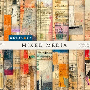 Peut inclure: Un collage de textures de papier vintage, avec des coupures de journaux déchirées, des notes manuscrites et des éclaboussures de peinture colorées. L'image comprend le texte "studio42" et "MIXED MEDIA". Les papiers numériques mesurent 30.48 x 30.48 cm.