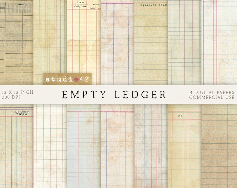 Printable Ledger Paper, Ledger Book, Digital Ledger Paper, Digital Scrapbook Papers, Printable Journal Ledger Pages, Old Ledger Paper Pack image 1