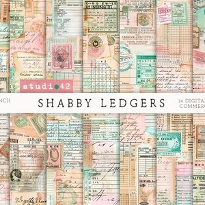 Printable Shabby Collage Ledger Paper, Shabby Ledger Paper, Digital Scrapbook Papers, Printable Journal Ledger Pages, Shabby Ledger Papers
