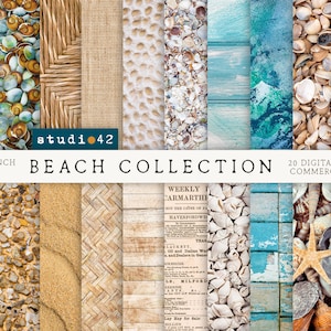 Papel digital de vacaciones en la playa, texturas playeras, imprimibles para scrapbooking con temática playera, papel digital oceánico, papeles imprimibles de conchas marinas