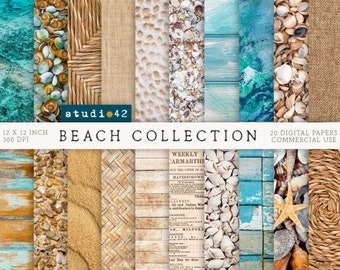 Beach Vacation Digital Paper, Beachy Textures, Beach Theme Scrapbooking Printables, Ocean Digital Paper, Printable seashell papers