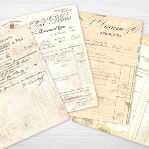 May include: Four vintage receipts with handwritten text in French. The receipts are on aged paper with a yellowed tint. The text includes the names of businesses, dates, and amounts. The receipts are from the late 19th or early 20th century.