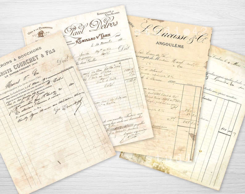 May include: Four vintage receipts with handwritten text in French. The receipts are on aged paper with a yellowed tint. The text includes the names of businesses, dates, and amounts. The receipts are from the late 19th or early 20th century.