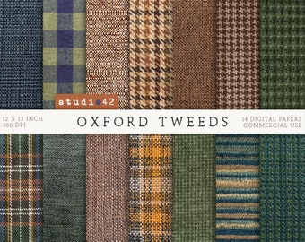May include: A set of 14 digital papers featuring various tweed patterns in shades of brown, green, blue, and yellow. The papers are 12 inches by 12 inches and 300 DPI. The text "studio 42" and "OXFORD TWEEDS" is visible in the image.  14 DIGITAL PAPERS COMMERCIAL USE.
