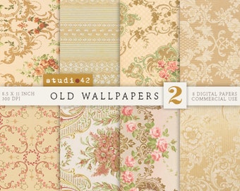 May include: Set of eight digital papers featuring vintage wallpaper designs with floral patterns and damask motifs in shades of beige, pink, and green. The papers are 8.5 x 11 inches and 300 DPI.  The text "OLD WALLPAPERS 2" is displayed on the image.