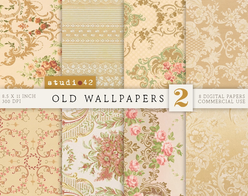 Pu&ograve; includere: Set di otto carte digitali con motivi di carta da parati vintage con motivi floreali e damascati in tonalit&agrave; beige, rosa e verde. Le carte sono di 8,5 x 11 pollici e 300 DPI. Il testo "OLD WALLPAPERS 2" &egrave; visualizzato sull'immagine.