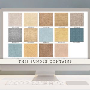 May include: A computer screen displaying a collection of 15 different fabric textures. The textures are in various shades of brown, beige, blue, and yellow. The text "THIS BUNDLE CONTAINS" is displayed at the bottom of the screen.