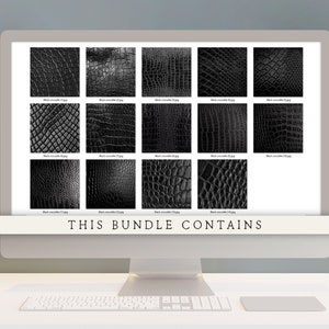 Pode incluir: Um ecr&atilde; de computador a mostrar uma cole&ccedil;&atilde;o de 12 texturas de pele de crocodilo preta. O texto "THIS BUNDLE CONTAINS" &eacute; apresentado na parte inferior do ecr&atilde;.