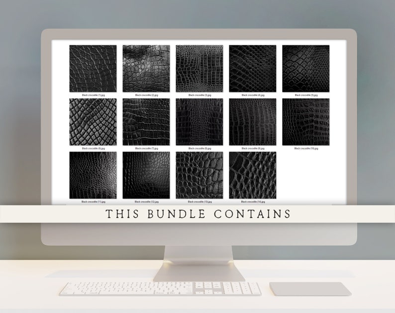 Pode incluir: Um ecr&atilde; de computador a mostrar uma cole&ccedil;&atilde;o de 12 texturas de pele de crocodilo preta. O texto "THIS BUNDLE CONTAINS" &eacute; apresentado na parte inferior do ecr&atilde;.