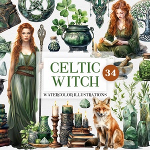Imágenes prediseñadas de acuarela de bruja celta, ilustraciones místicas de brujería celta, magia antigua de Irlanda, imágenes prediseñadas de bosque mágico, gráficos de brujas