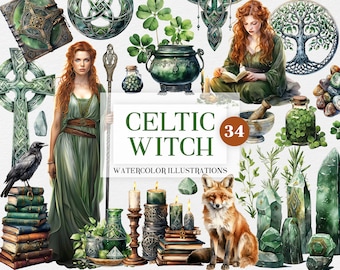 Celtic Witch Watercolor Clipart, Mystical Illustrations of Celtic Witchcraft, Ireland Ancient Magic, Magical Forest clipart, Witch Graphics