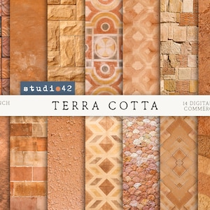 Puede incluir: Un paquete de papel digital con 14 patrones diferentes de color terracota. Los patrones incluyen texturas de ladrillo, baldosas y piedra. El paquete es de 12 x 12 pulgadas y 300 DPI. El texto "studio 42" y "TERRACOTTA" son visibles en la imagen.