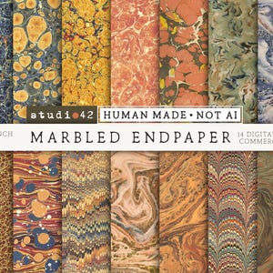 Pode incluir: Uma coleção de 14 papéis digitais com designs de papel de guarda marmorizado em várias cores, incluindo azul, dourado, laranja e castanho. A imagem inclui o texto "studi 42 HUMAN MADE NOT AI" e "MARBLED ENDPAPER" com "12 X 12 INCH 300 DPI".