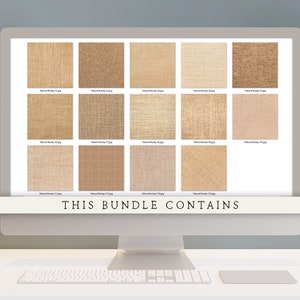 Puede incluir: Una pantalla de ordenador que muestra 20 texturas diferentes de arpillera natural. El texto "THIS BUNDLE CONTAINS" se muestra en la parte inferior de la pantalla.
