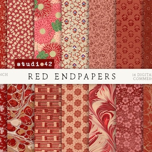 May include: A collection of 14 digital papers featuring red endpapers with various patterns including floral, marbled, and geometric designs. The text studio 42, RED ENDPAPERS, 8.5 X 11 INCH, 300 DPI, and 14 DIGITAL PAPERS COMMERCIAL USE is visible.