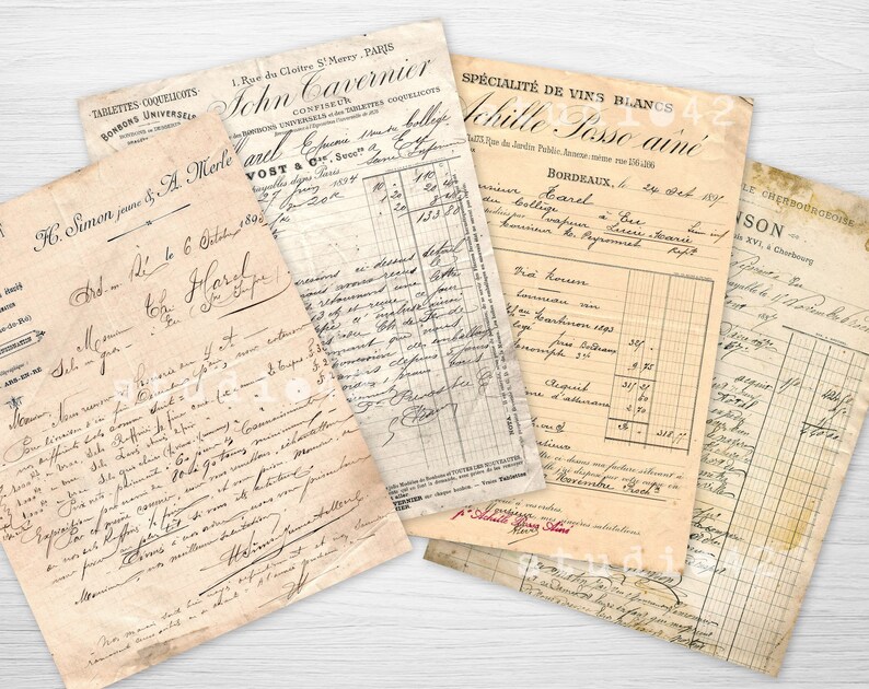 May include: Four vintage receipts with handwritten text in French. The receipts are on aged paper with brown edges and are from different businesses. The text includes names, dates, and prices.