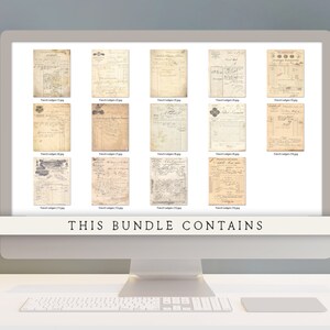 May include: A computer screen displaying a collection of 10 vintage French ledger pages. The pages are all yellowed with age and have handwritten text and numbers. The text "THIS BUNDLE CONTAINS" is displayed at the bottom of the screen.