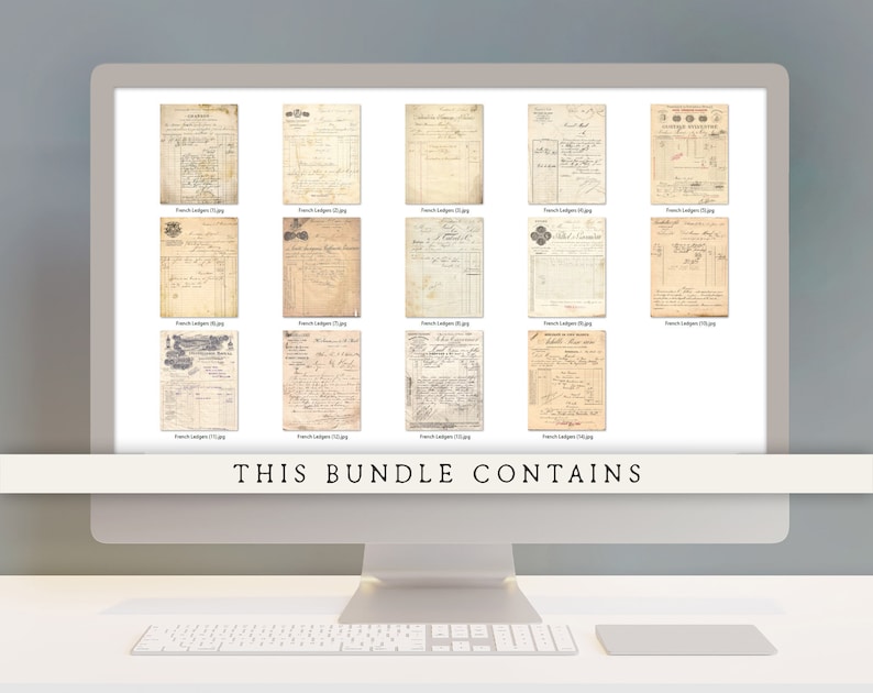 May include: A computer screen displaying a collection of 10 vintage French ledger pages. The pages are all yellowed with age and have handwritten text and numbers. The text "THIS BUNDLE CONTAINS" is displayed at the bottom of the screen.