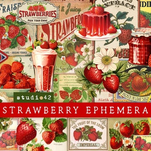 Pack éphémères fraises, Feuilles de collage numérique Fraises, Impressions estivales de jardins fruitiers, Impressions jardin, Embellissements de fraises
