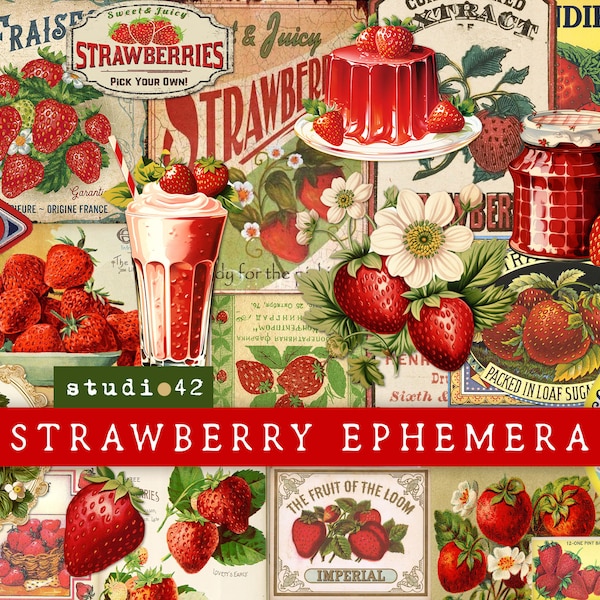 Strawberry Ephemera Pack, Strawberries Digital Collage Sheets, Fruit Garden Summer Printables, Garden Printables, Strawberry Embellishments