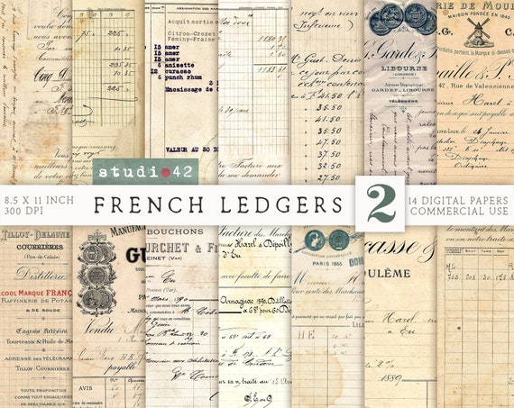 Old French Ledgers, Printable Ledger Paper, Ledger Sheets, Digital Collage Sheet, Printable Journal Ledger Pages, Antique French Ephemera