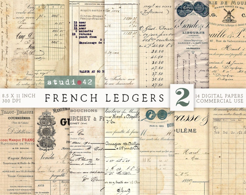May include: A collection of 14 digital papers featuring vintage French ledger and invoice designs. The papers are in various shades of beige, brown, and cream with handwritten text in black ink. The papers are 8.5 x 11 inches and 300 DPI.
