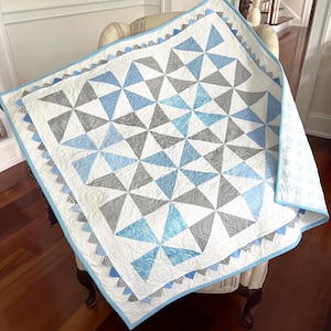 Baby Boy Pinwheel Quilt with Prairie Points and Blue Gingham Backing.  Handmade Baby Quilt, Baby Boy Gift. 42in x 42in, Ready to Ship