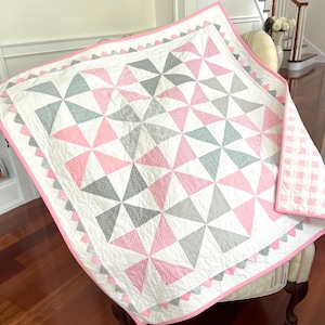 Baby Girl Pinwheel Quilt with Prairie Points and Pink Gingham Backing. Handmade Baby Girl Quilt or Floor Play Mat. 41inx41in. Ready to Ship