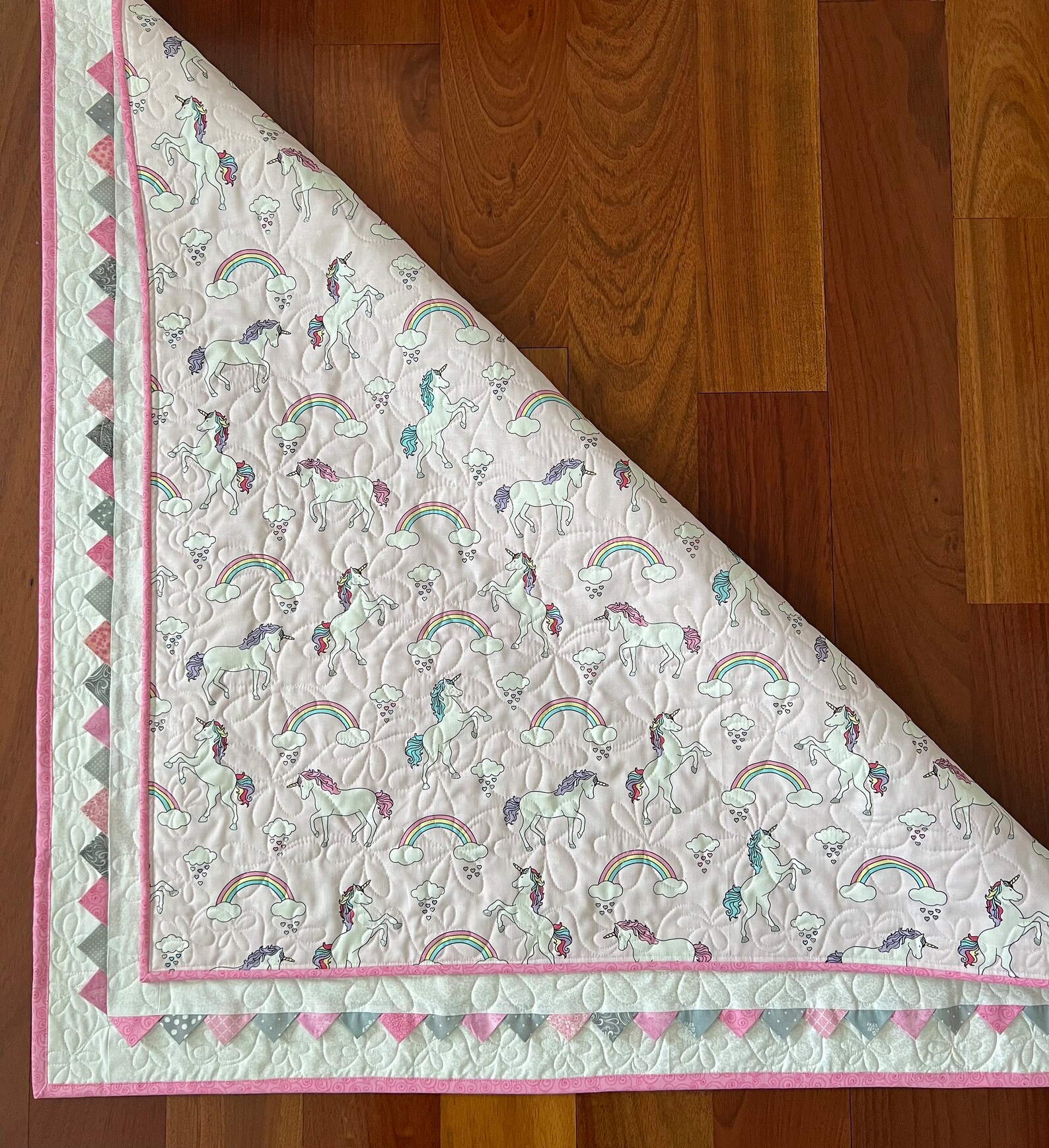 Baby Girl Pinwheel Quilt With Prairie Points and Unicorns, Handmade