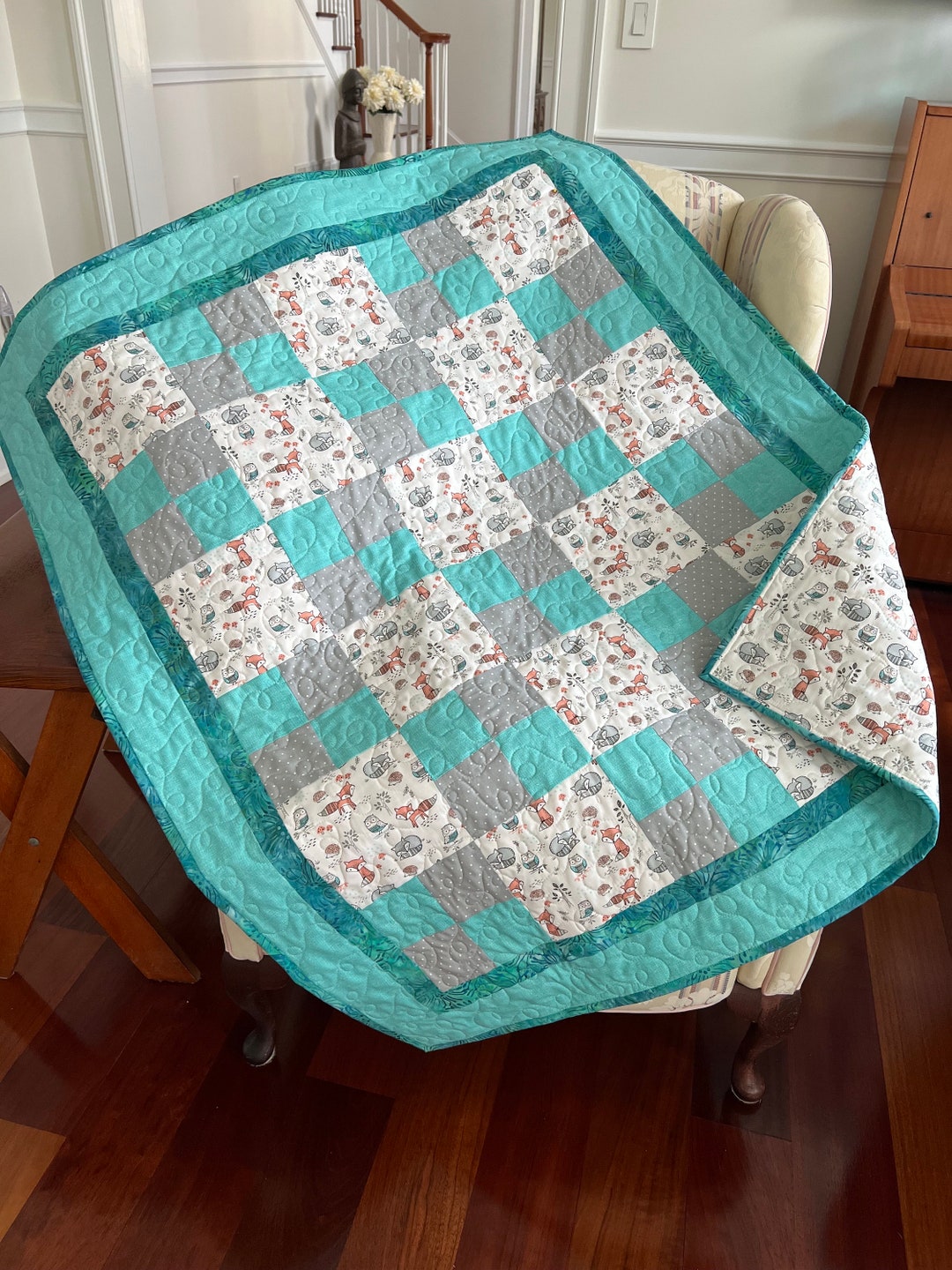 Baby Quilt With Forest Animals, Handmade Baby Quilt, Boy or Girl Quilt