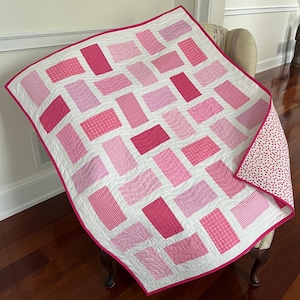 Baby Girl Quilt, Handmade Quilt, Modern Pink Quilt, Baby Blanket, Lap Quilt, Baby Play Mat, 41in x 47in, Ready to Ship