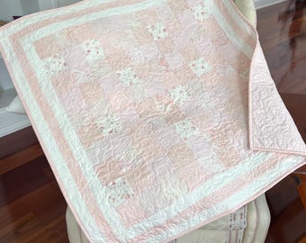 Handmade Baby Girl Quilt: Soft Pink Postage Stamp Design (38in x 38in)
