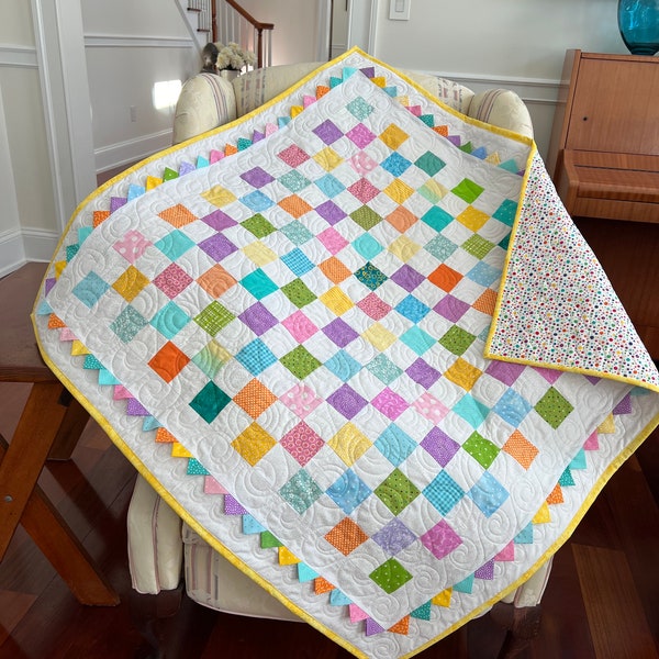 Handmade Baby Quilt with Prairie Points, Baby Floor Play Mat, Baby Boy or Baby Girl Quilt, Postage Stamp Quilt. Ready to Ship.