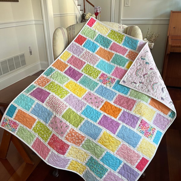 Baby Girl Quilt, Handmade, Girl Quilt, Modern Colorful Quilt, Brick Pattern with Unicorn, Rainbow and Hearts Backing, Lap Quilt