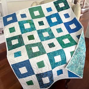 Handmade Lap Quilt, Modern Baby Quilt, Wall Hanging, Batik Quilt, Bright Kids Quilt, Blue and Green Quilt, 39in x 47in, Ready to Ship