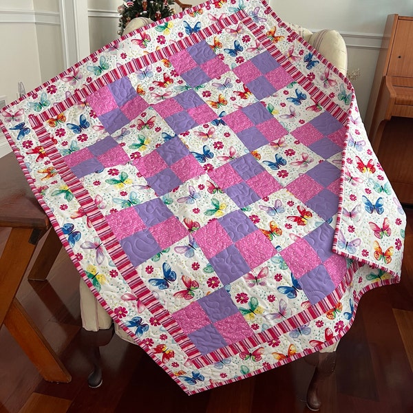 Baby Girl Butterfly Quilt, Handmade Baby Quilt, Girl or Toddler Quilt