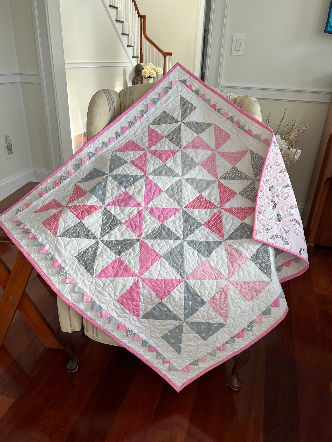 Baby Girl Pinwheel Quilt With Prairie Points and Unicorns, Handmade