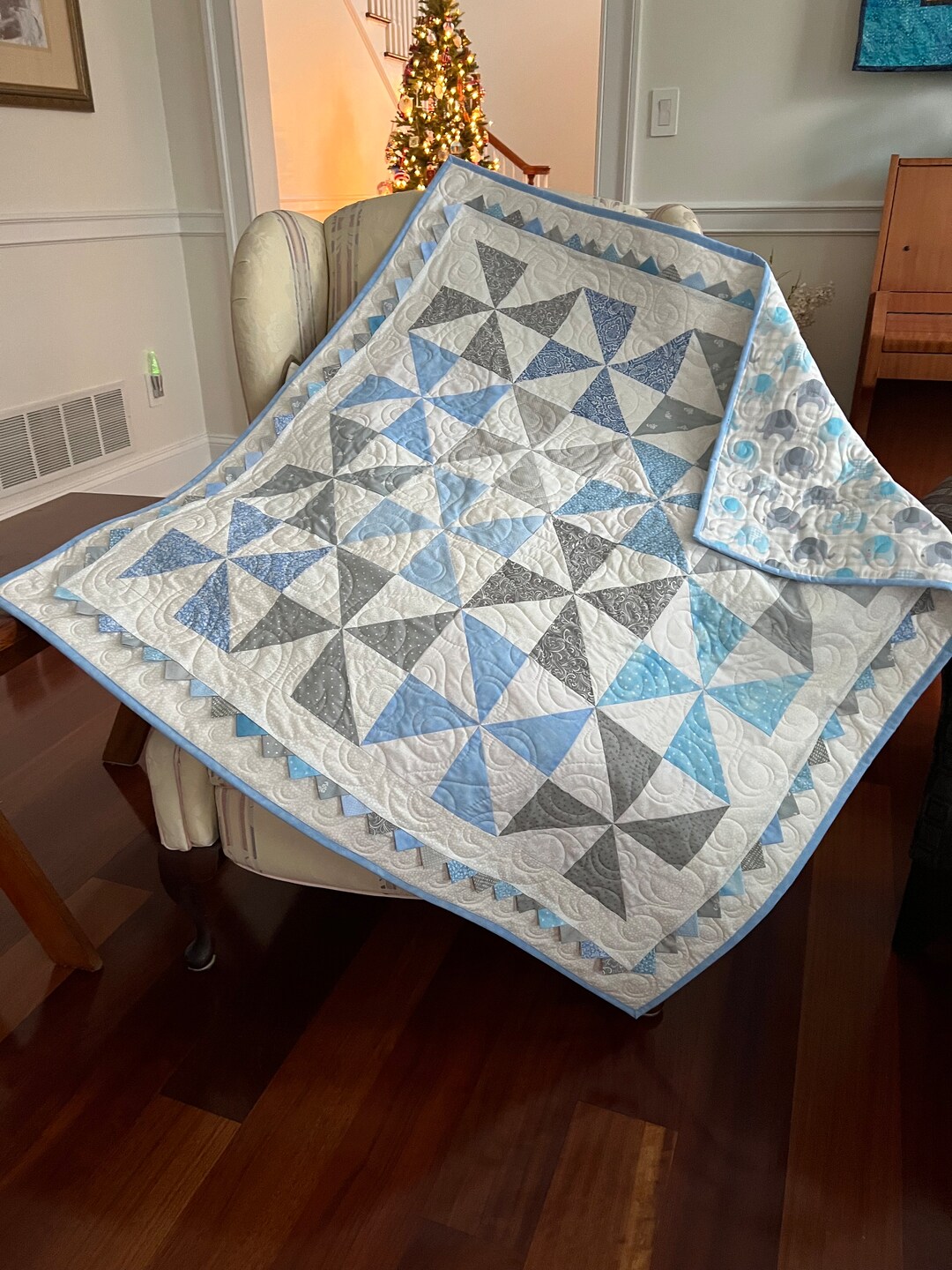 Baby Boy Pinwheel Quilt With Prairie Points and Winnie the Pooh Backing