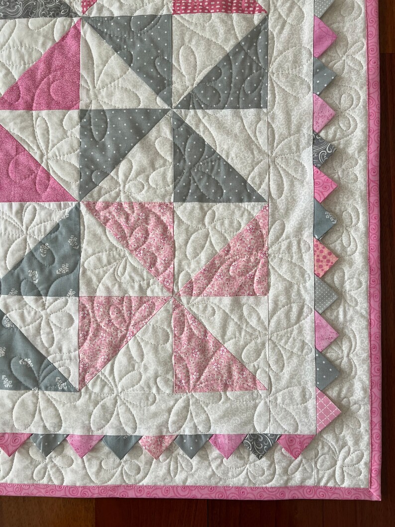 Baby Girl Pinwheel Quilt With Prairie Points and Unicorns, Handmade