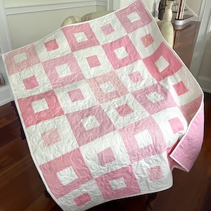 Handmade Pink and White Baby Quilt: Modern Cotton Lap Quilt (40in x 48in)
