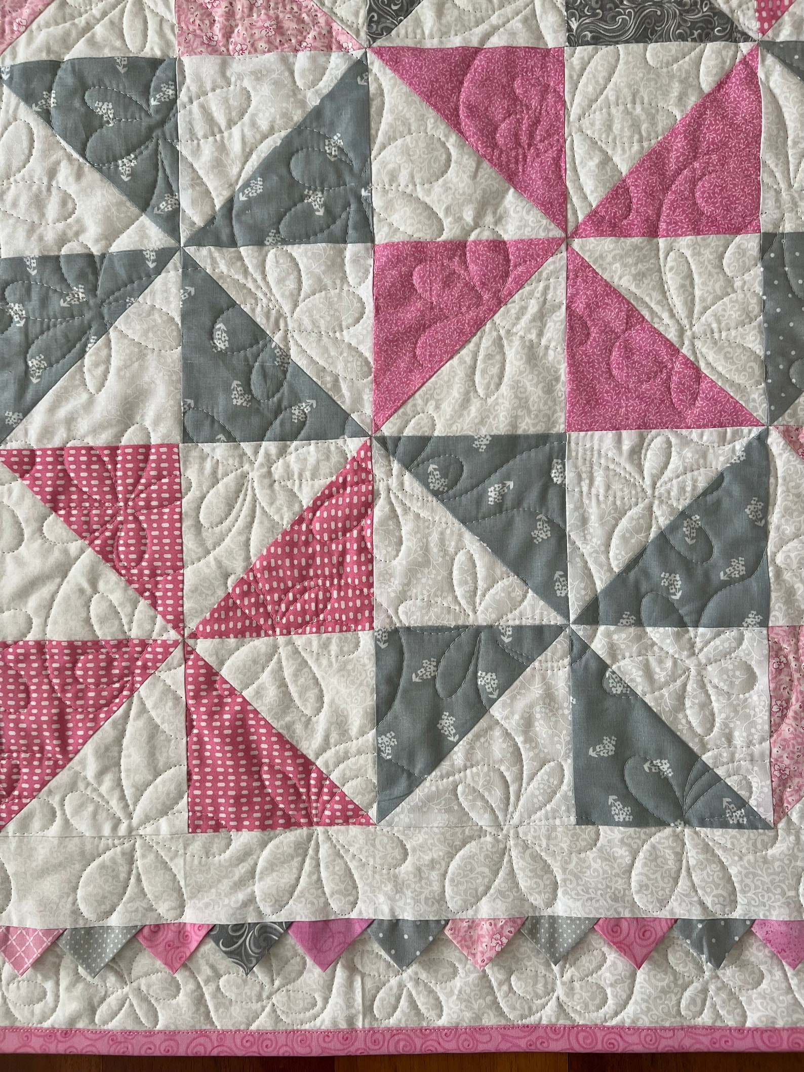 Baby Girl Pinwheel Quilt With Prairie Points and Unicorns, Handmade